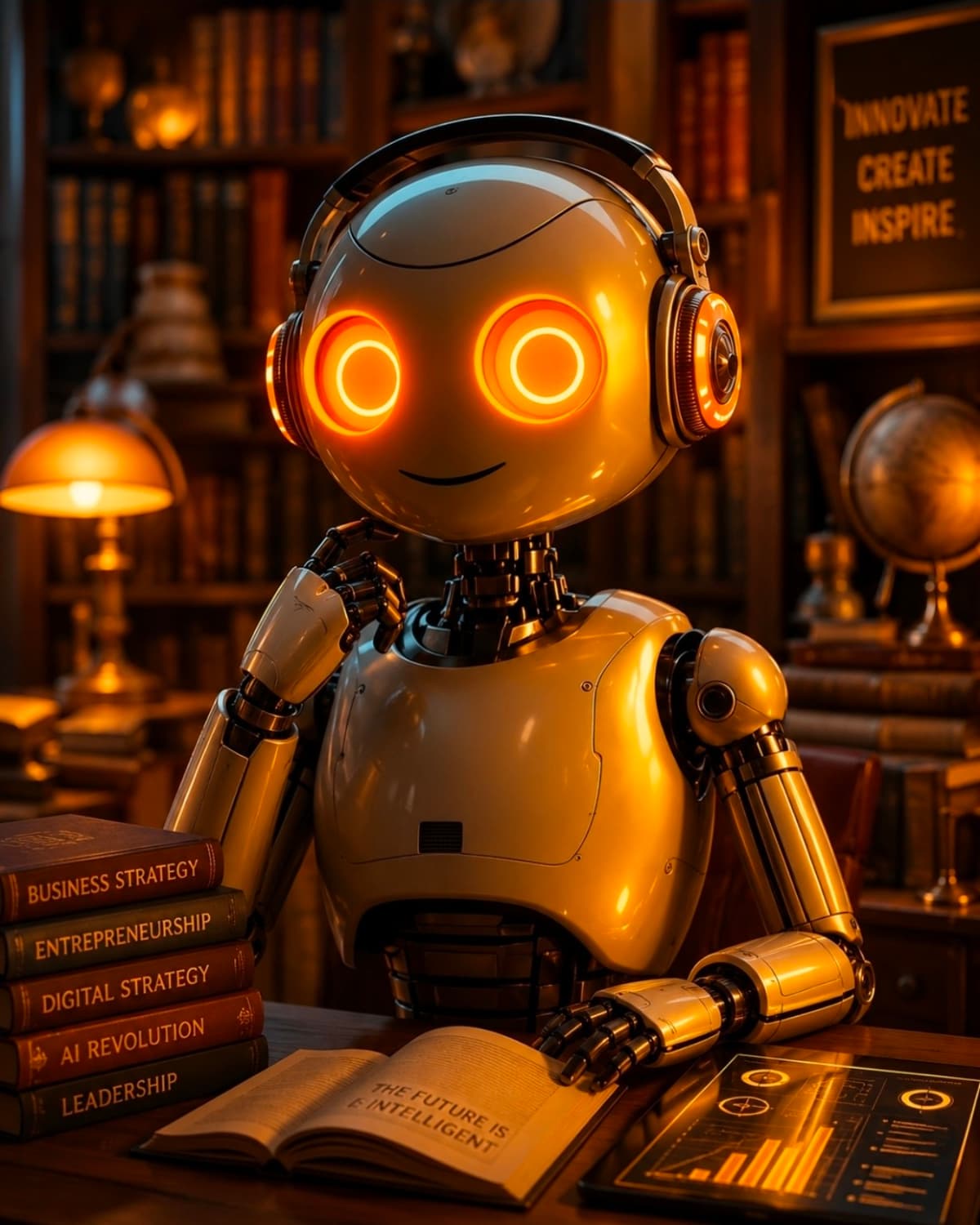 LuigiBot en una biblioteca, estudiando y consultando libros junto a volúmenes de estrategia y tecnología
