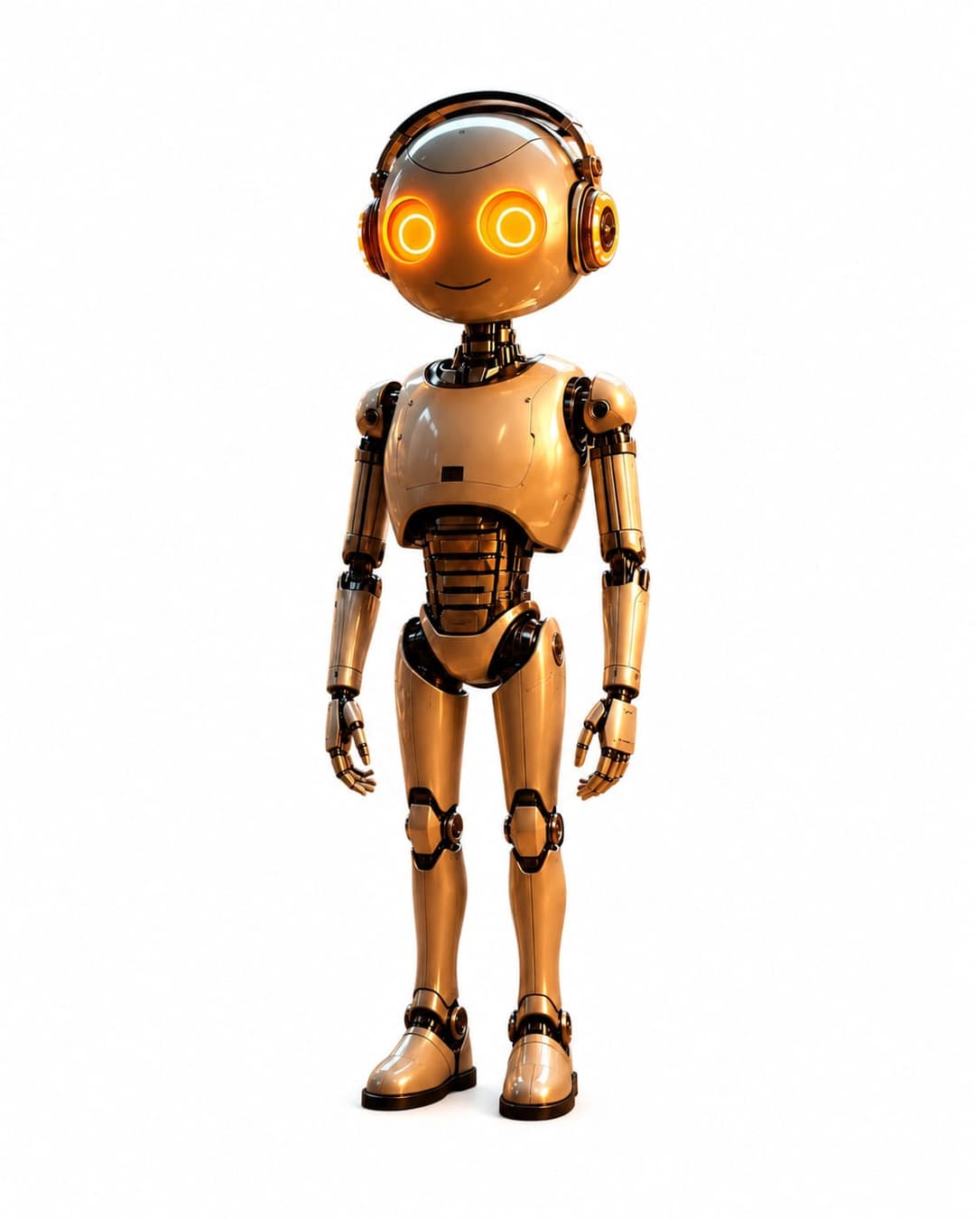 LuigiBot, robot asistente de tono dorado con audífonos y ojos ámbar, de cuerpo completo